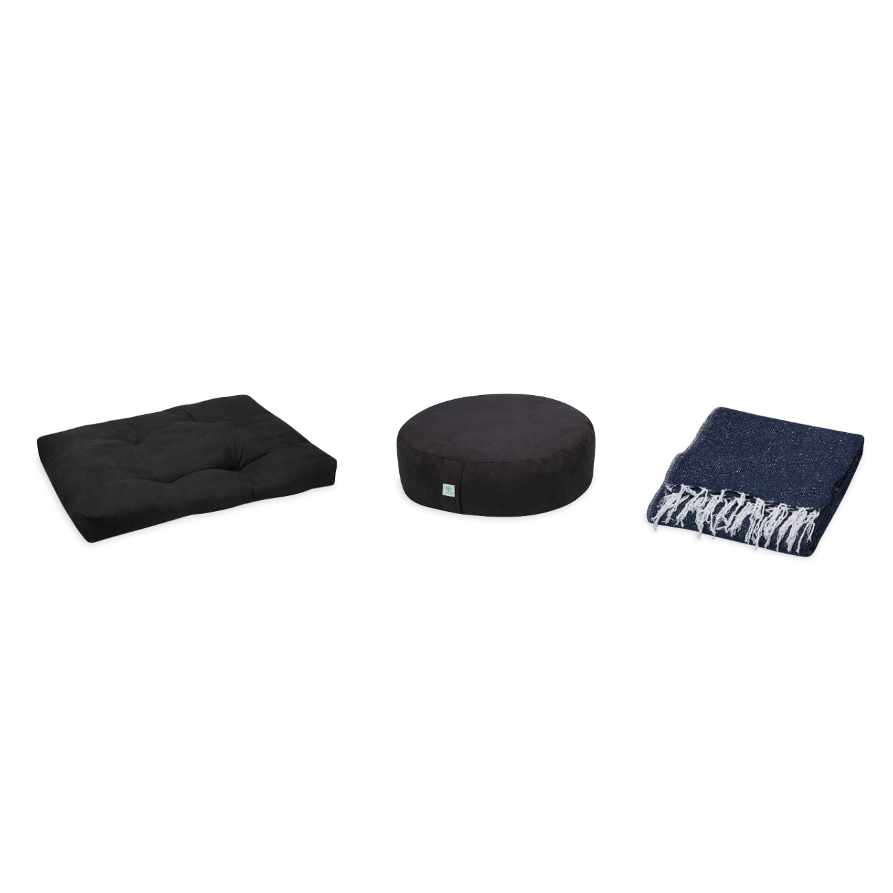 Meditation Bundle - Zabuton (Black), Zafu (Black), Blanket (Navy)